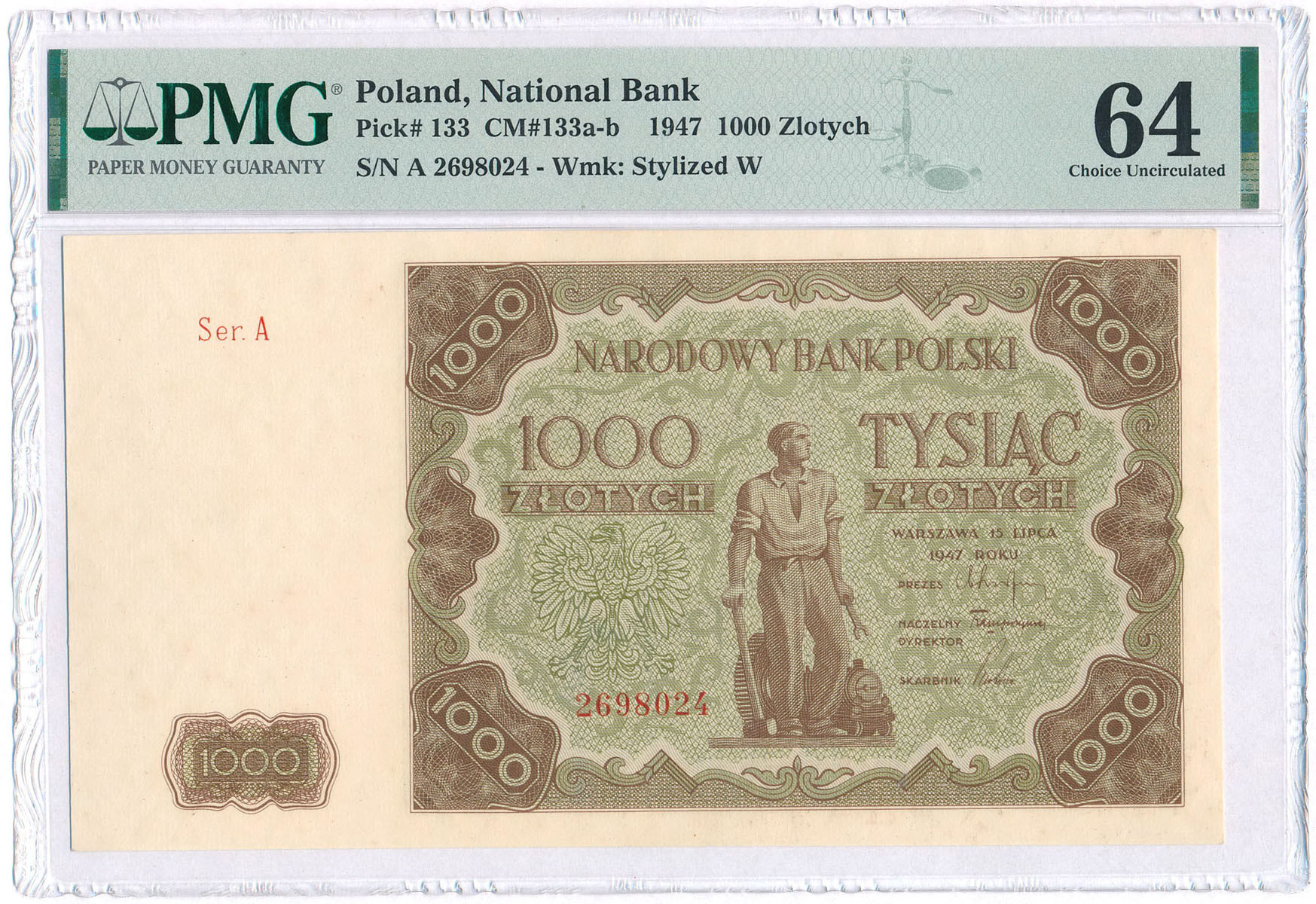 1.000 złotych 1947 seria A, PMG 64 - PIĘKNE i RZADKIE